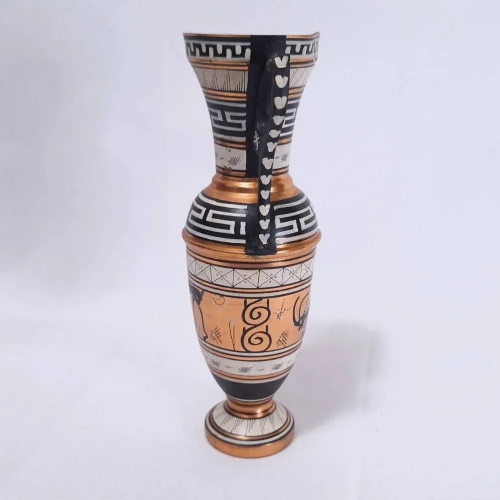 Vintage Greek Copper Vase Urn Amphora Double Handle Hand Painted‎ Deer, 9